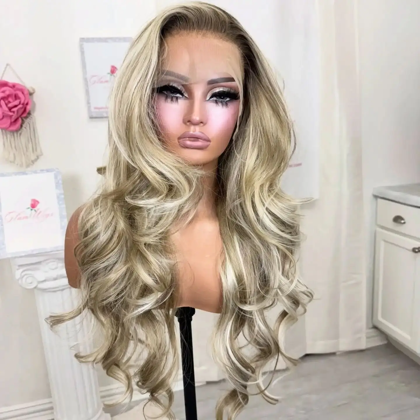 28 Inches Ash Platinum Blonde Highlights Synthetic Wigs With Dark Roots New Style Long Length Body Wave 13*4 High Definition Wig