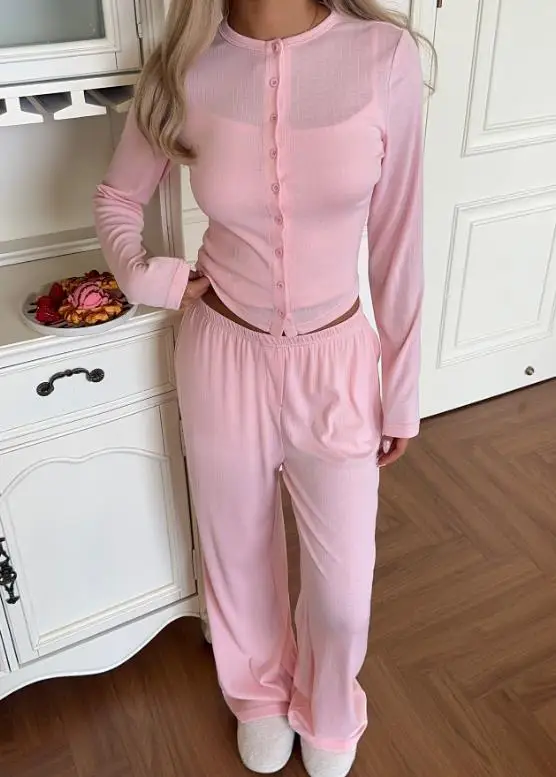 

2025 Autumn/Winter New Women's Fashion Casual French Festival Button Coat Long Pants Two Piece Set Women's Clothing