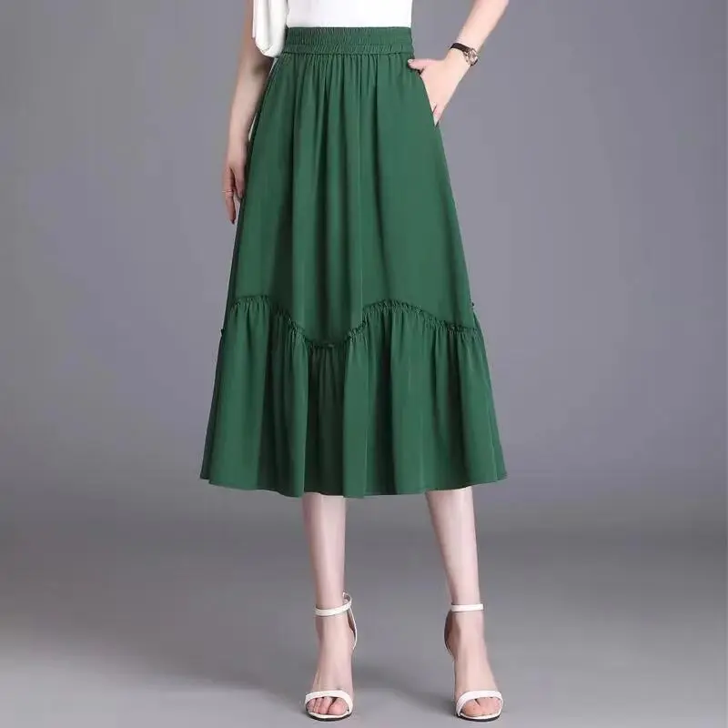 Mode Effen Kleur Elastische Taille Zakken Gesplitst Ruches Rokken Dameskleding 2024 Lente Zomer Losse Casual Hoge Taille Rok