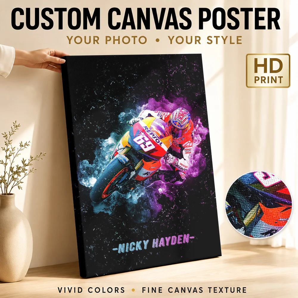 Nicky Hayden Smoke Racing Canvas Print Poster Bold Action Design Wall Art With Personalized Photo For Man Cave Ideal Rider Gift