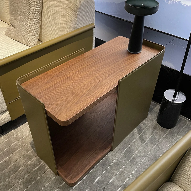 Italian minimalist sofa side few saddles leather hard leather double small corner few household walnut rack
