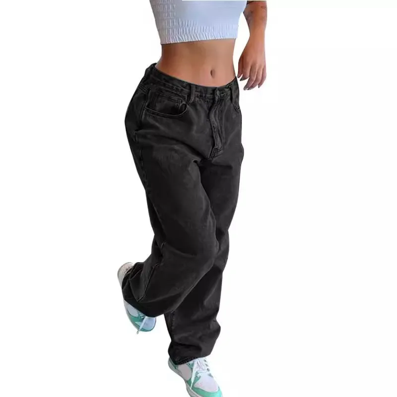 Women's Baggy Mid Waist Stone Washed Distressed Straight Leg Long Cotton Casual Basic Jeans for Women with Five Pocket Design