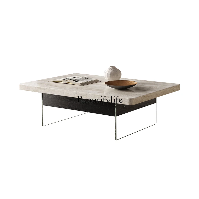 

Modern minimalist small apartment with wabi-sabi square travertine coffee table