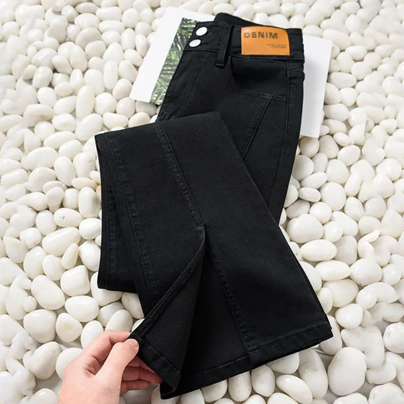 

2023New elastic denim bell-bottom pants for petite women with slit design, slimming and trendy floor-length micro-flare pants