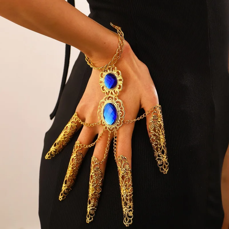 WANZHI New Thousand-Hand Guanyin Finger Rings Golden Long Nail Gemstone Jewellry Belly Dance Props Indian Dancer Accessories