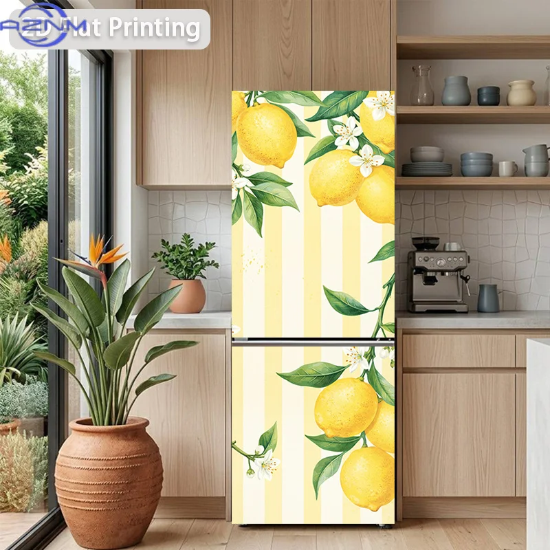 [Printing] Refrigerator Sticker 60 X 180 Cm Lemon Branch And Leaves Pattern Main Theme Design Wall Decoration Self-Adhesive, S