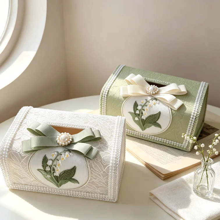 For White simple and cute coffee table tissue box Lily of the Valley embroidery bedroom coffee table pumping carton
