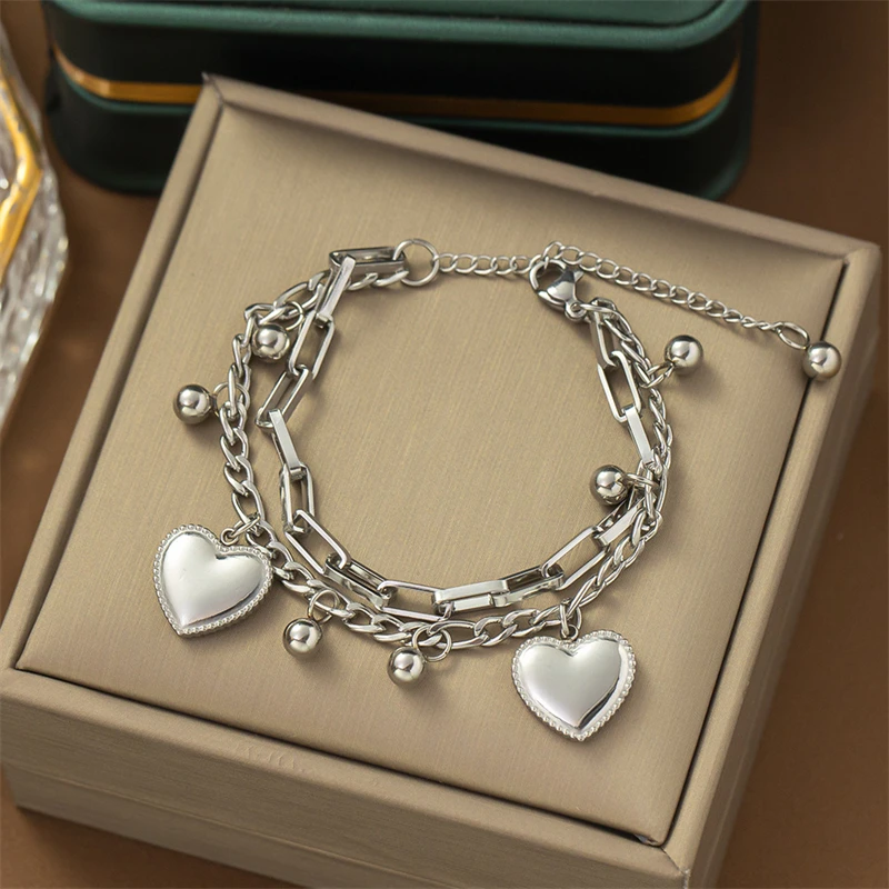 316L Stainless Steel New Fashion Waterproof Jewelry Bohemia Style 2-Layer Love Heart Ball Charm Chain Bracelet For Lovers women