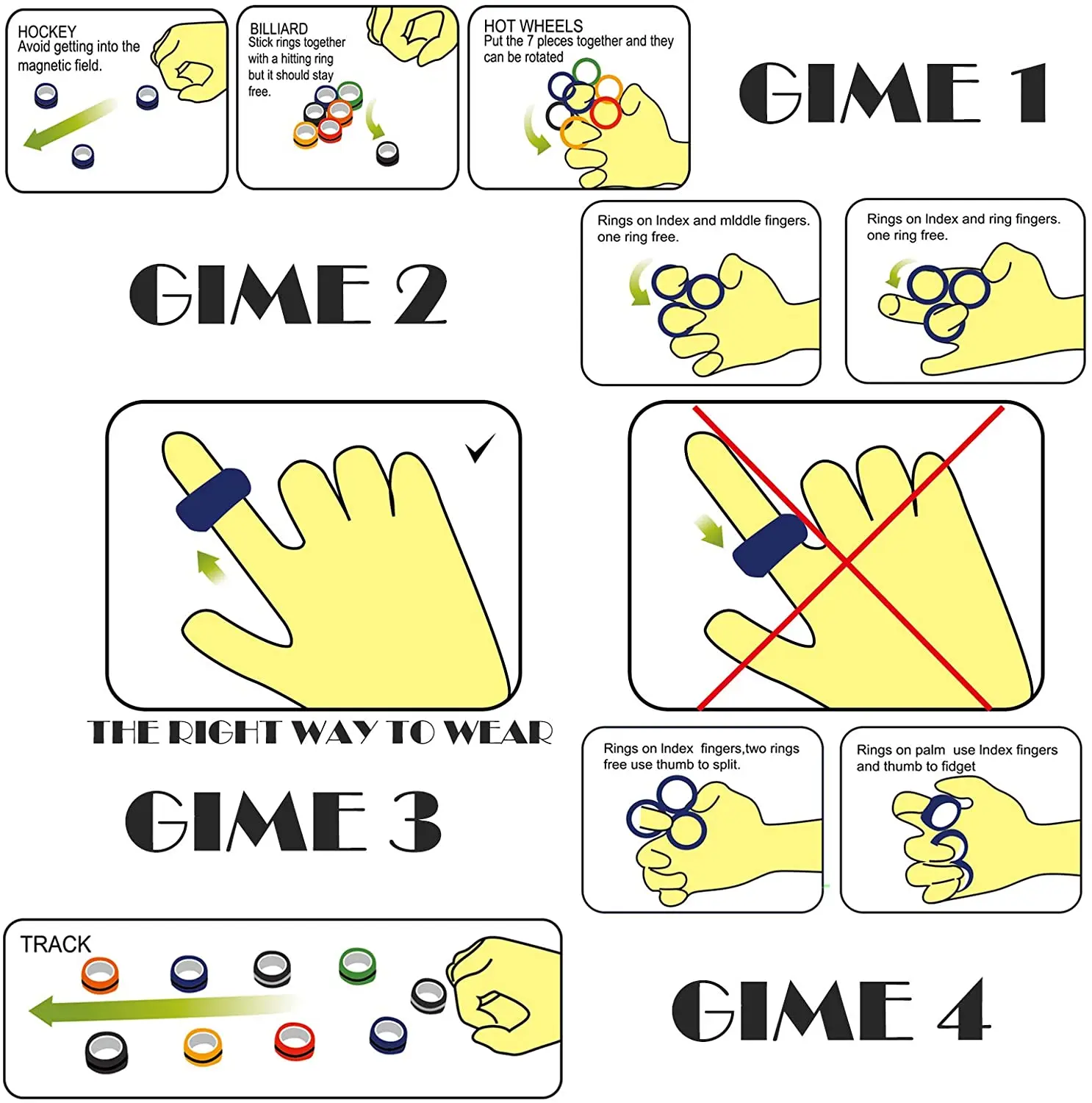 Juego de anillos magnéticos de dedo para adultos, juguete colorido para aliviar el estrés, terapia para aliviar la ansiedad, 3 unidades