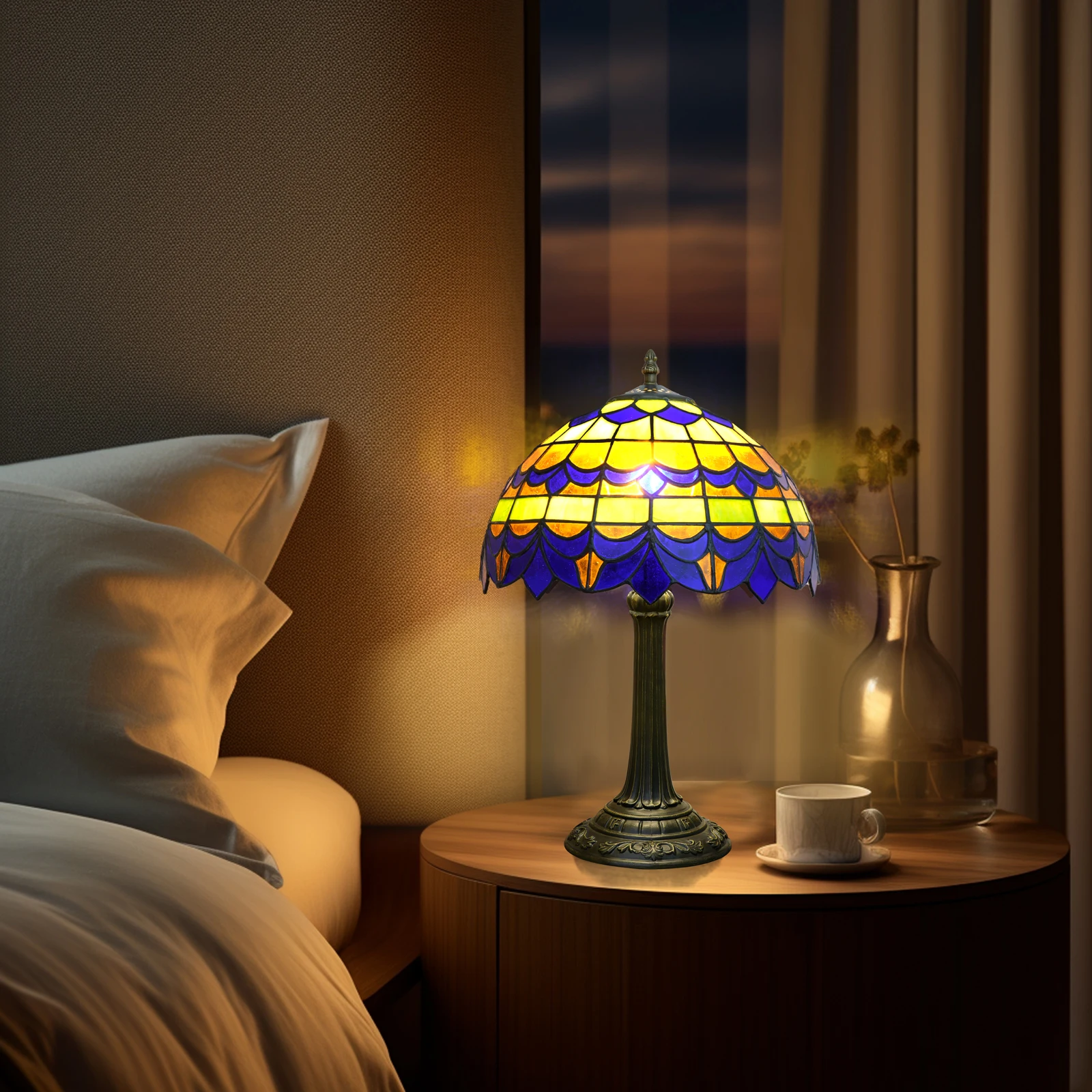 Blue Flowers Stained Glass Table Lamp,12 Inch Antique Table Lamp for Tiffany Style Bedroom、Living Room、Home、Office Decor Lamp
