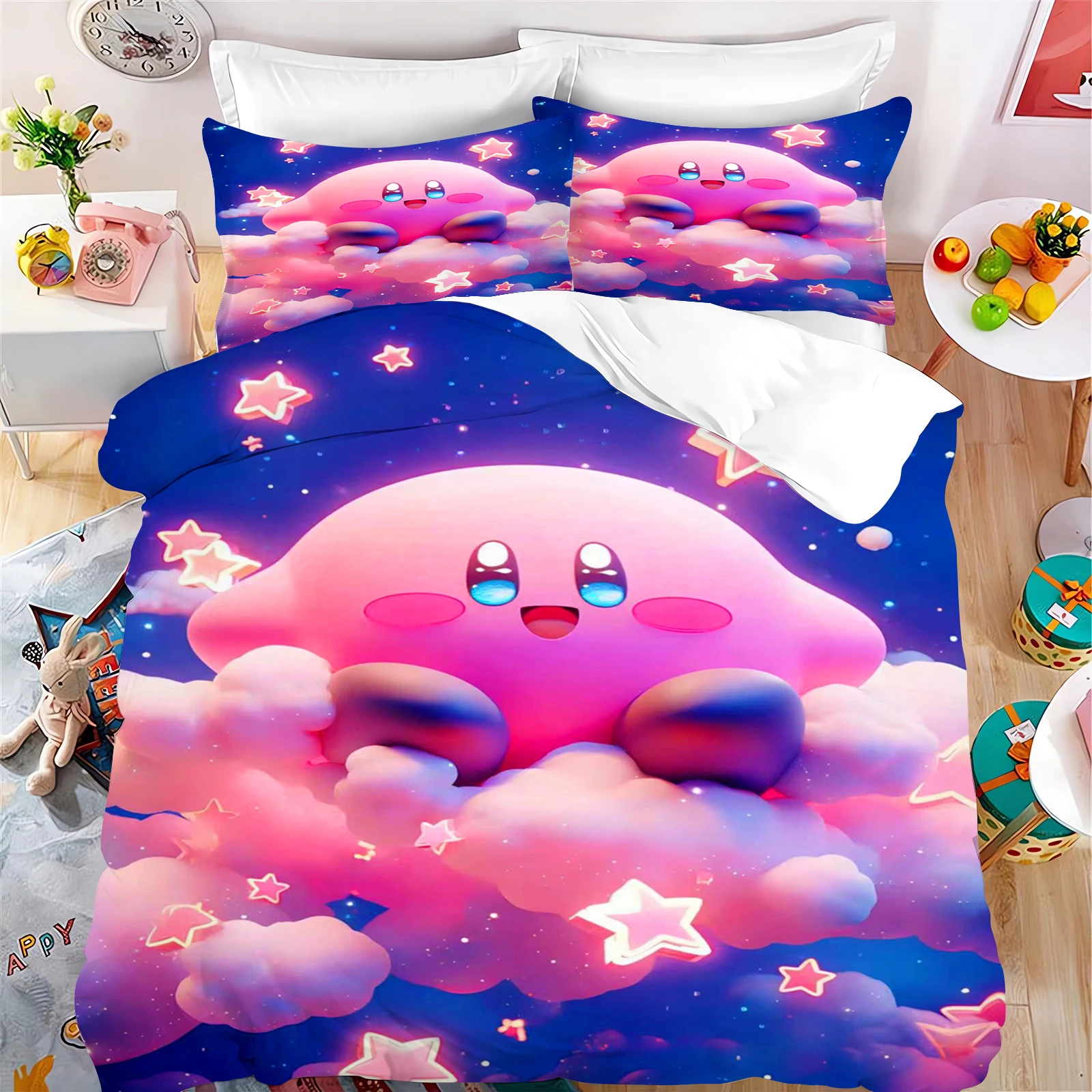 Cartoon Cute Home Kirby Quilt Dekbed Beddengoed Set 3d Kinderset Cover Kingsize Hoezen Kinderen Bedrukt 100% Polyester