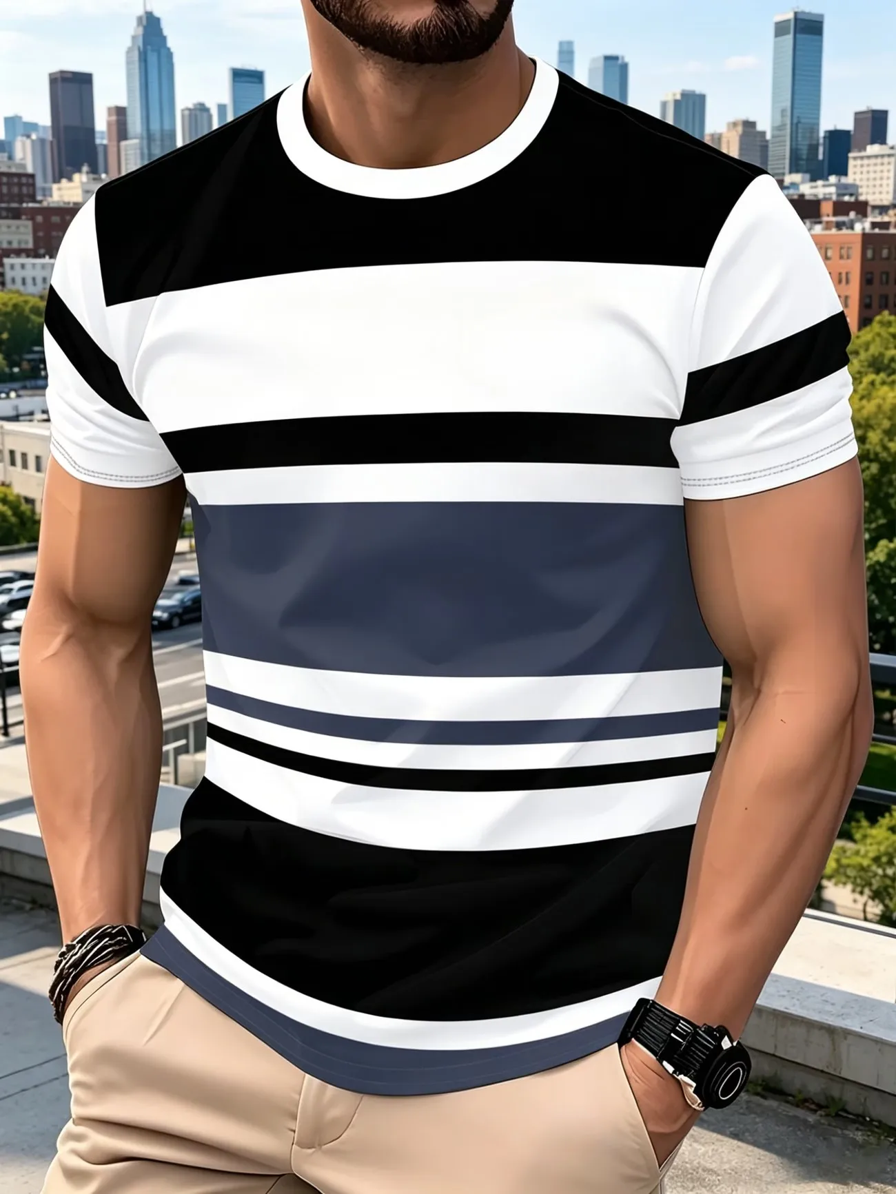 2026 Summer New Men's Fashion 3D Printed Short Sleeve T-shirt, Men's Simple Stripe, Comfortable Casual Top