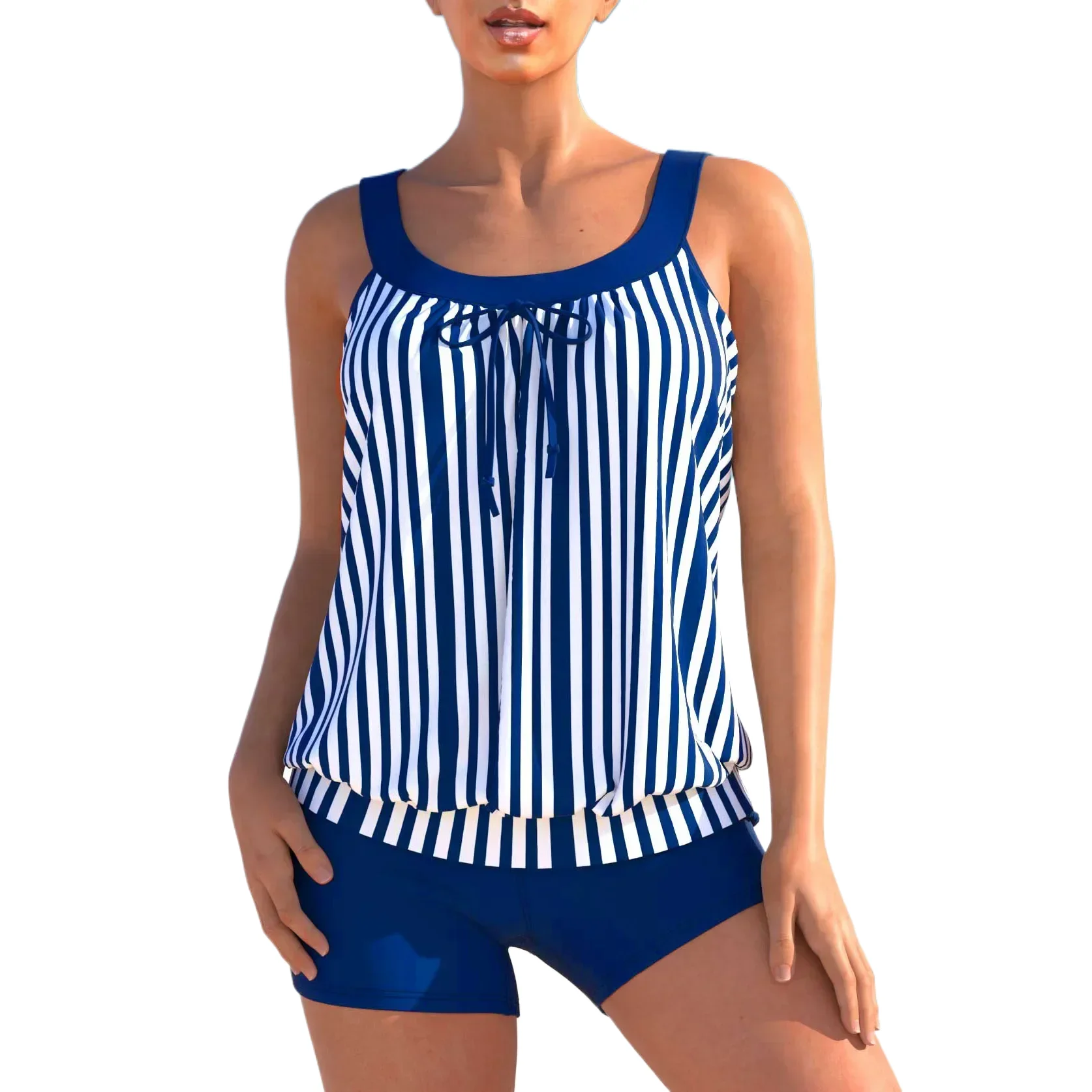 

Women's High-quality Summer Vacation Swimsuit with Vertical Striped Printed Top and Strapless Beach Swimsuit S-6XL
