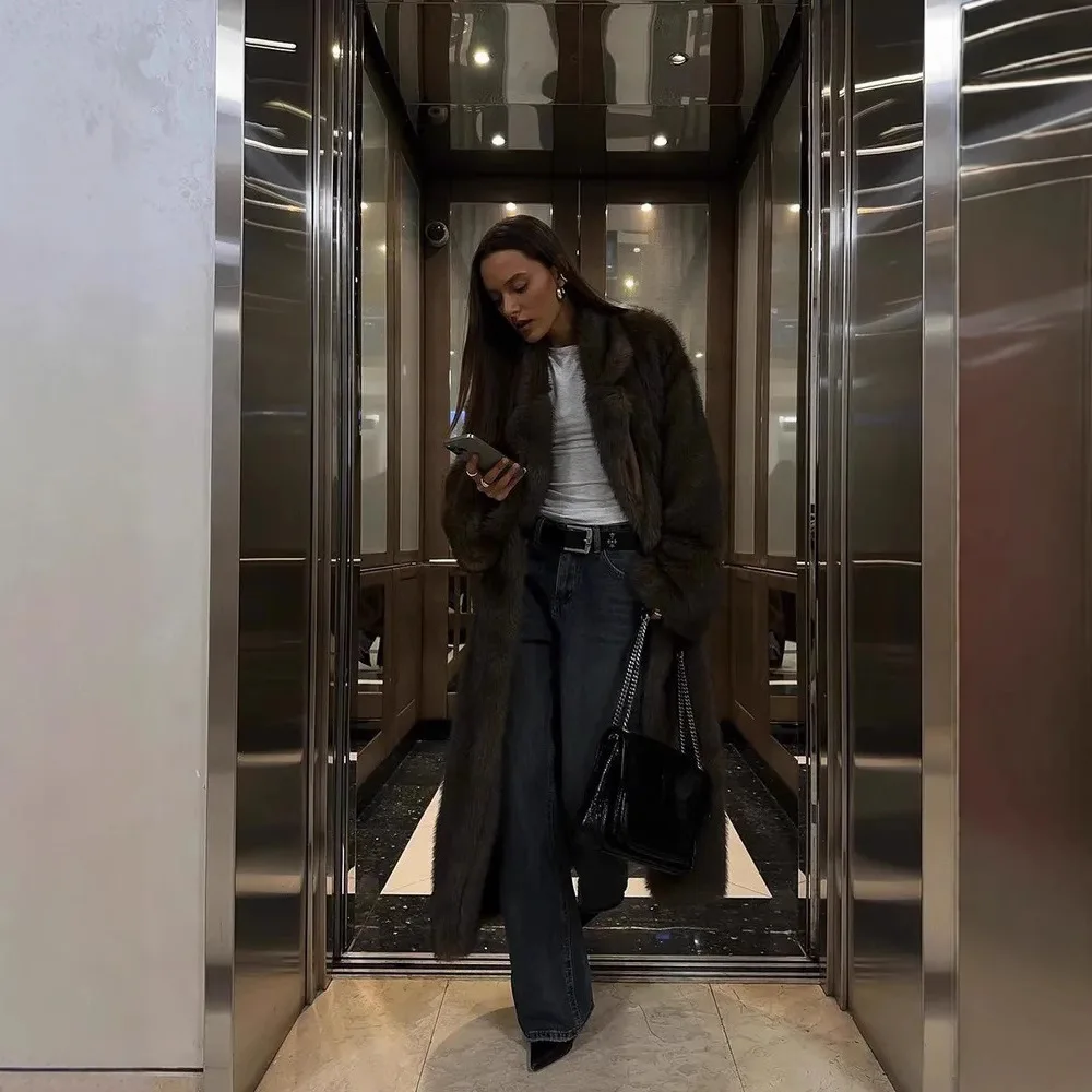 Chaqueta de piel ecológica degradada y esponjosa para mujer, abrigo largo de lujo de piel sintética de zorro, prendas de vestir exteriores peludas de calle, abrigo de peluche, invierno 2026