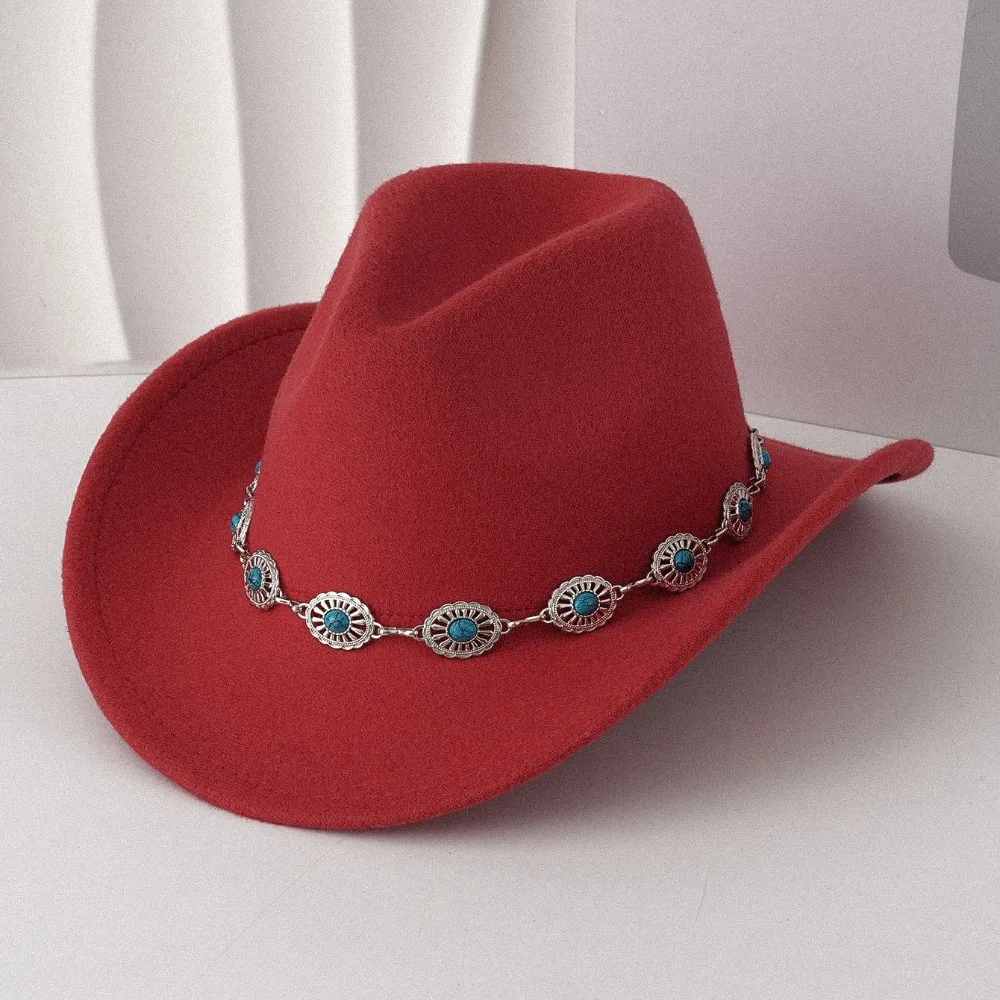 Turquoise Cowboy Hat Metal Chain Decor High Crown Western Cowgirl Hat Unisex Wide Curved Brim Wide Brim Hat