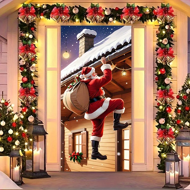 1 Stück 2D-Banner mit flacher Tür und Santa Claus zum Klettern von Schornsteinen. Geschäftsbüro-Weihnachtsfeierdekoration, keine Strom erforderlich – zs