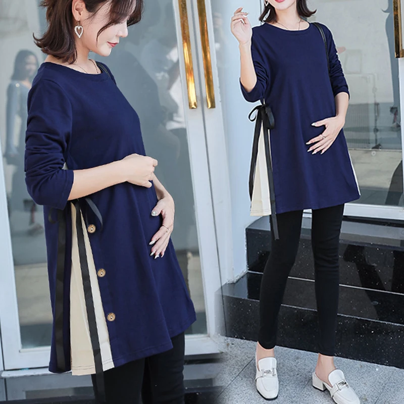 Maternity Clothes Spring and Autumn Clothes Mid-length Long-sleeved Leggings Top Loose Large Size Shirt Trend Maternity Skirt