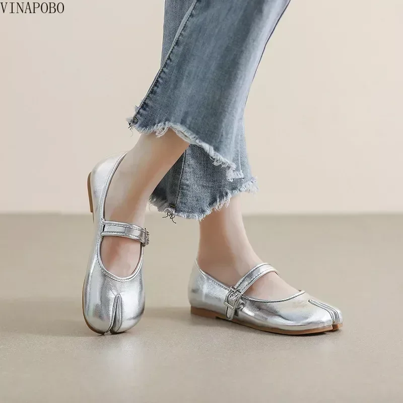 Silver leather split toe flat shoes woman mary janes tabi ninja flats female cozy dress shoes ankle belt moccasins plus size 43