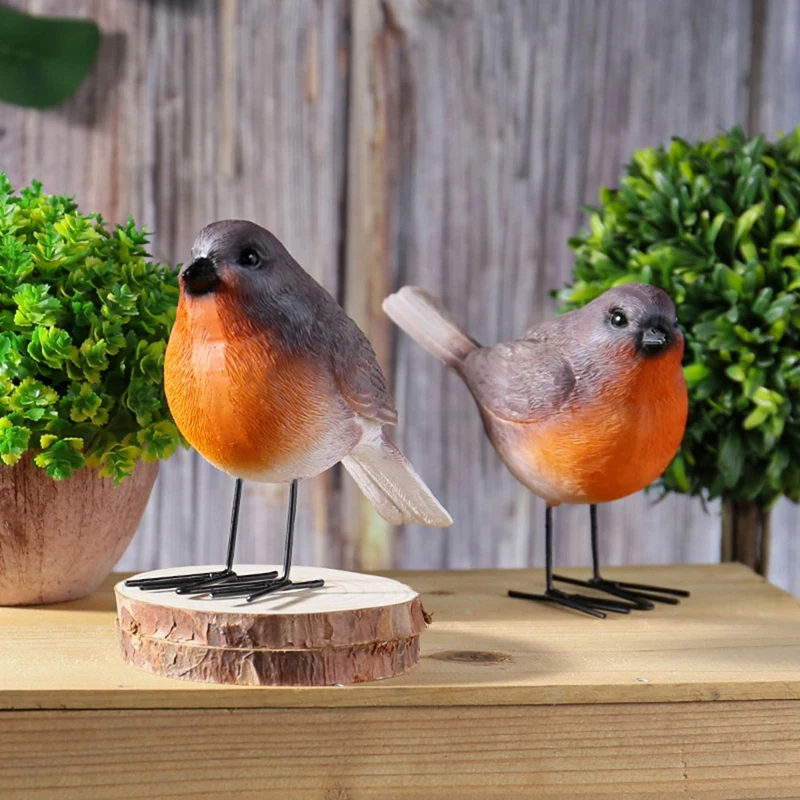 LUDA 2Pcs/Set Resin Robin Birds Redbreast Mockingbird Home Decor Fairy Garden Animal Farmhouse Decor Figurines Gift