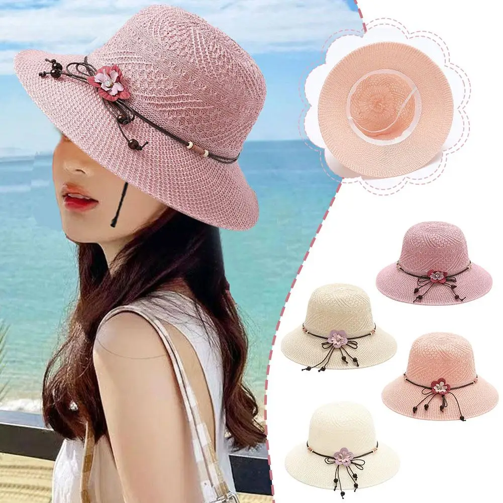 

Summer Women Bow Flowers Straw Hat Outdoor Screen Bucket Beach Hat Cap Collapsible Casual P7m7