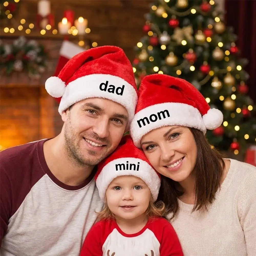 DAD MOM MINI Embroidered Family Matching Santa Hat Fluffy Soft Christmas Santa Cap Thick Family Xmas Decor Hat Xmas Party Gift