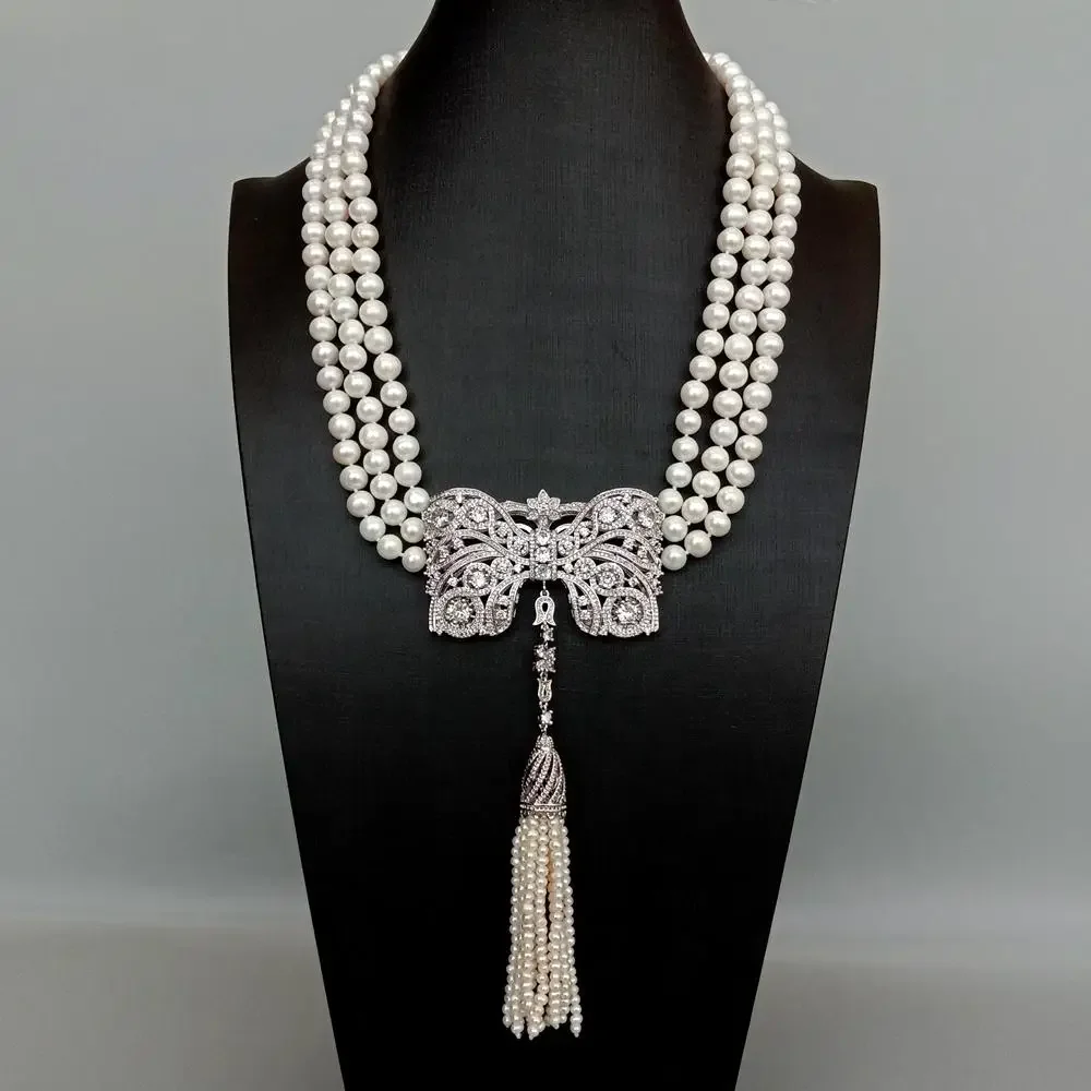 

3 Strands Freshwater Cultured White Pearl Necklace Bowknot Shape Cubic Zirconia Pave Tassel Pendant