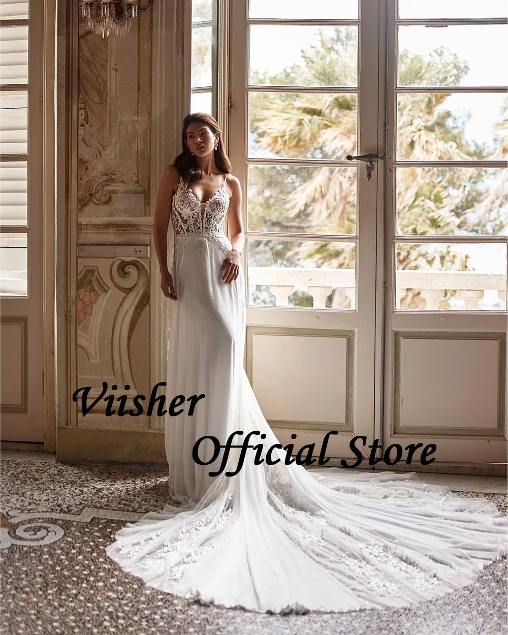 Viisher-فستان زفاف أبيض مع زينة دانتيل, رقبة v, نمط بوهو, مع تراين, فستان شاطئ طويل