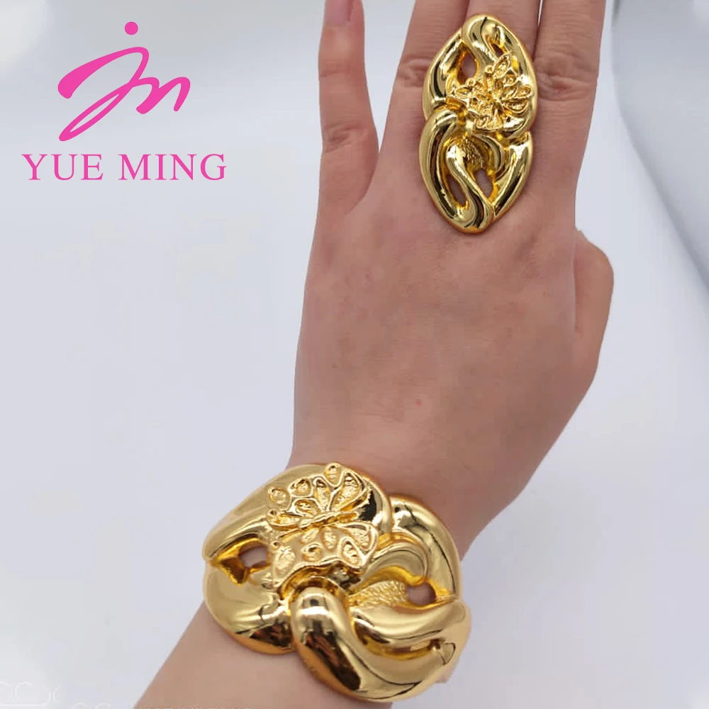 18K Gold Farbe Manschette Blume Armreif Ring Für Frauen Marokkanisches Frankreich Dubai Luxus Kupfer Armband Schmuck Nigerianischen Party Hochzeit geschenk