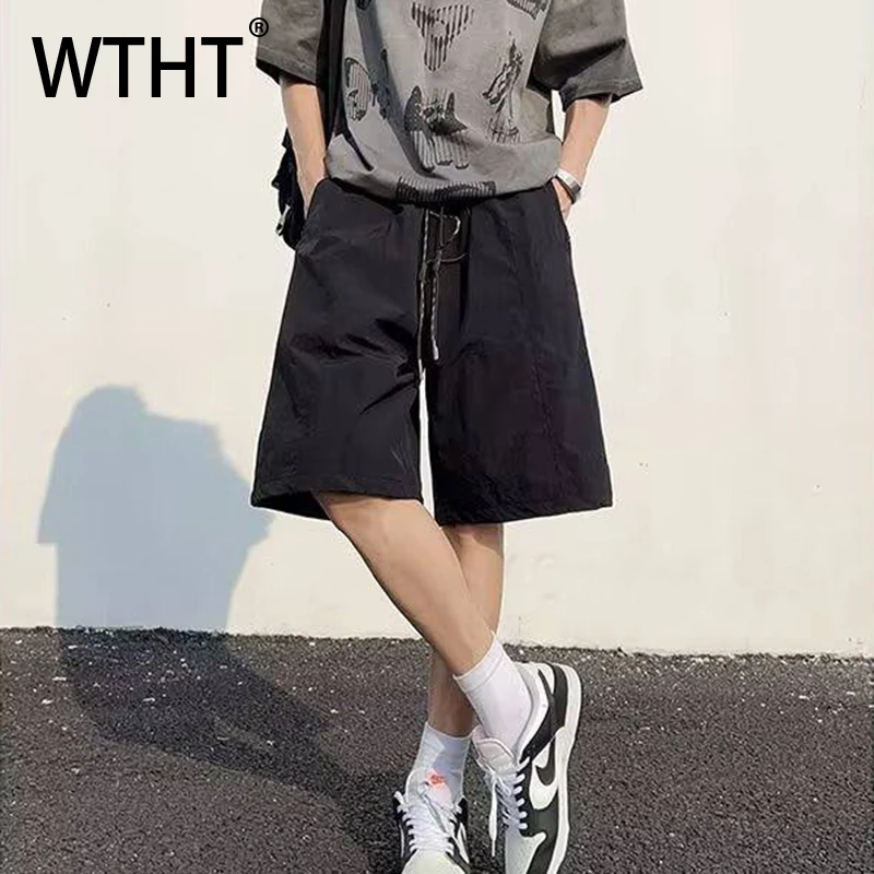 WTHT Fashion Men's Solid Color Drawing Loose Cargo Short Pants Trendy American Style Wide Leg Shorts Male 2026 Summer 2A2930