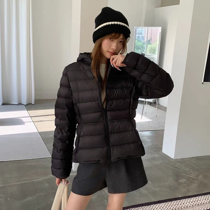 Winter Lightweight Double Zipper Slim Parker Jacket Female Pork Rib Hooded Down Jacket Women White Duck Down Thick Warm Outwears