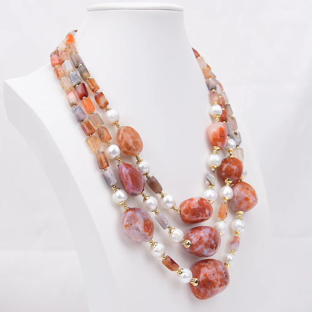G-G 3 Rows Natural Mix Color Botswana Lace Agate Red Carnelian Agate Nugget White Pearl Necklace