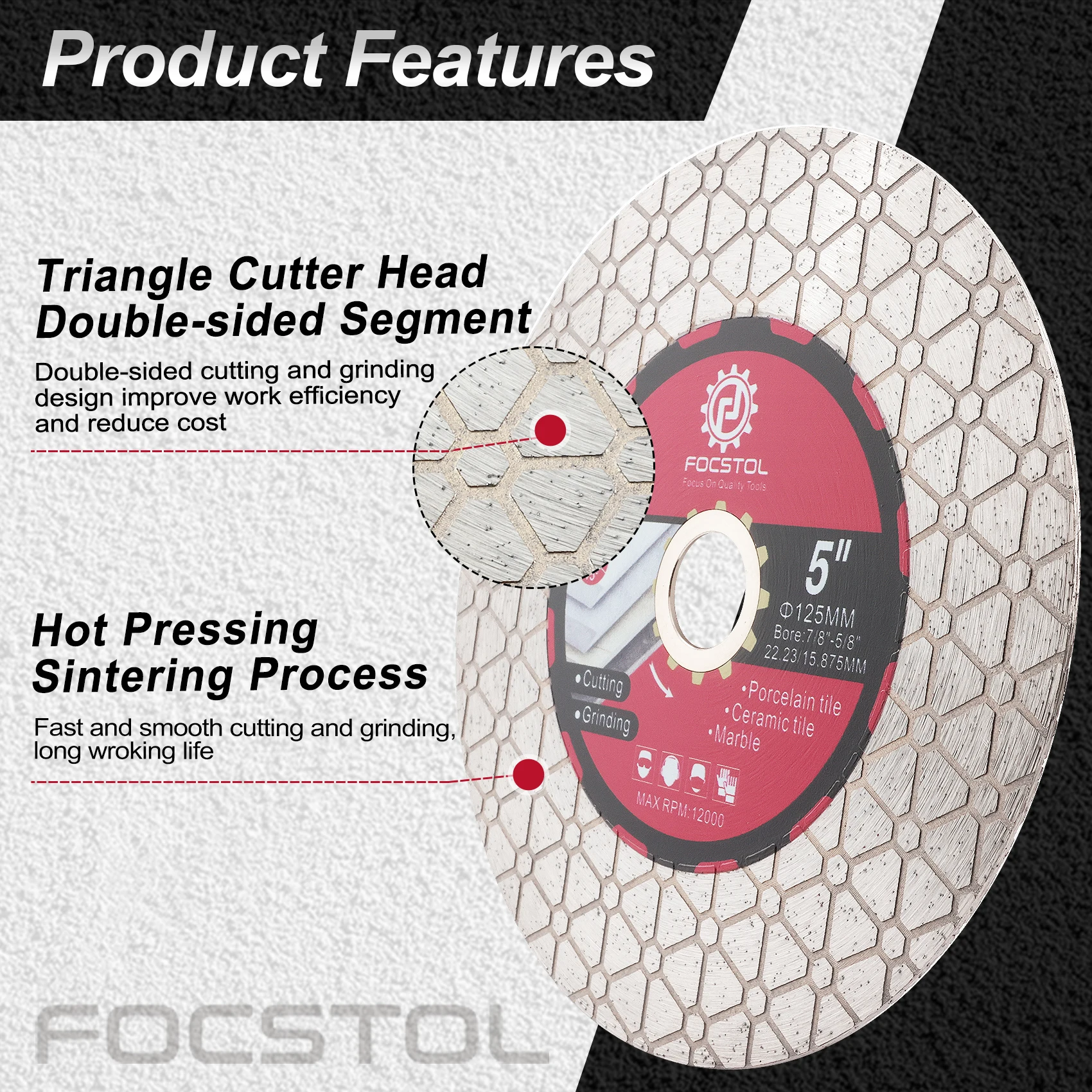 FOCSTOL Diamond Cutting Disc 105-125mm Tile Cutting Grinding for Porcelain Ceramic Tiles Marble Granite Artificial Stone Quartz