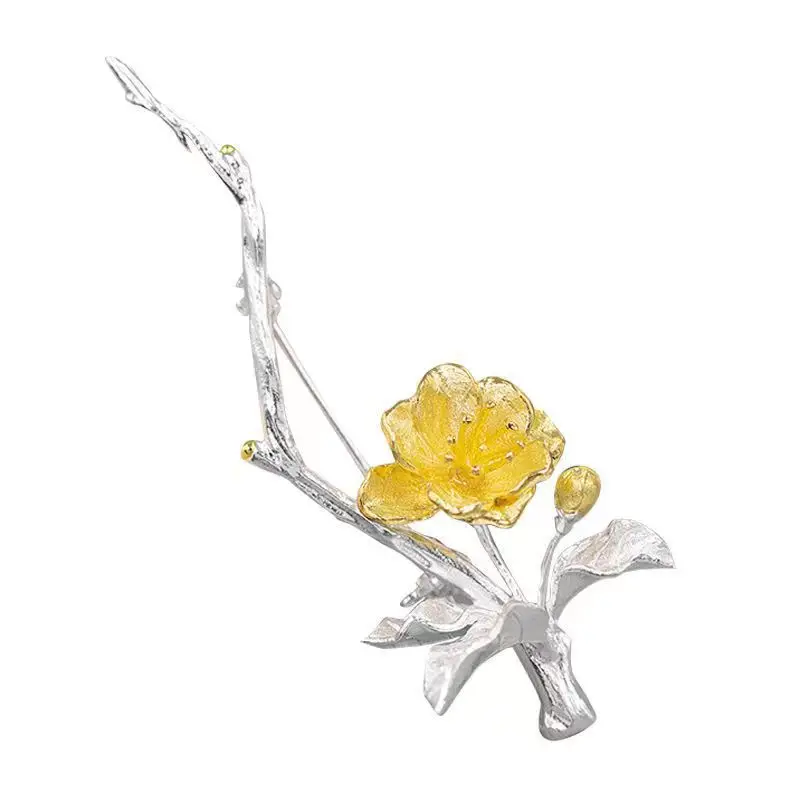 Original design 925 silver glossy art plum blossom flower brooches for women vintage cheongsam Hanfu broche banquet jewelry