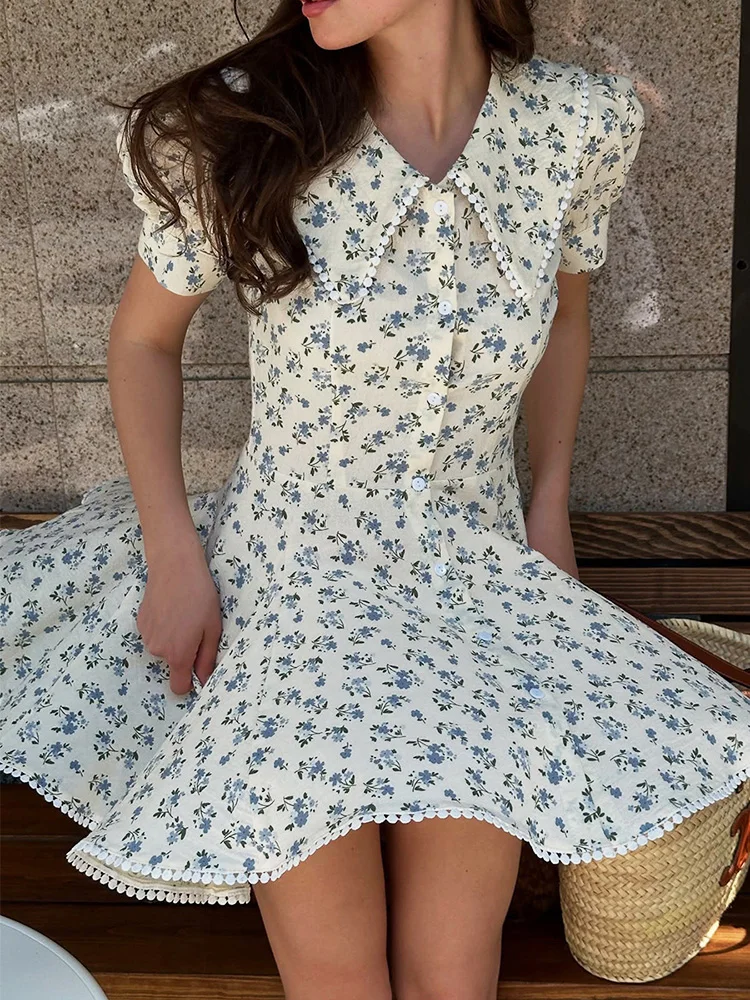 

Ticketsx Floral Printed Mini Dress Elegant Lapel Contrast Button High Waist Patchwork Slim Dress Women Commute Vacation Dresses