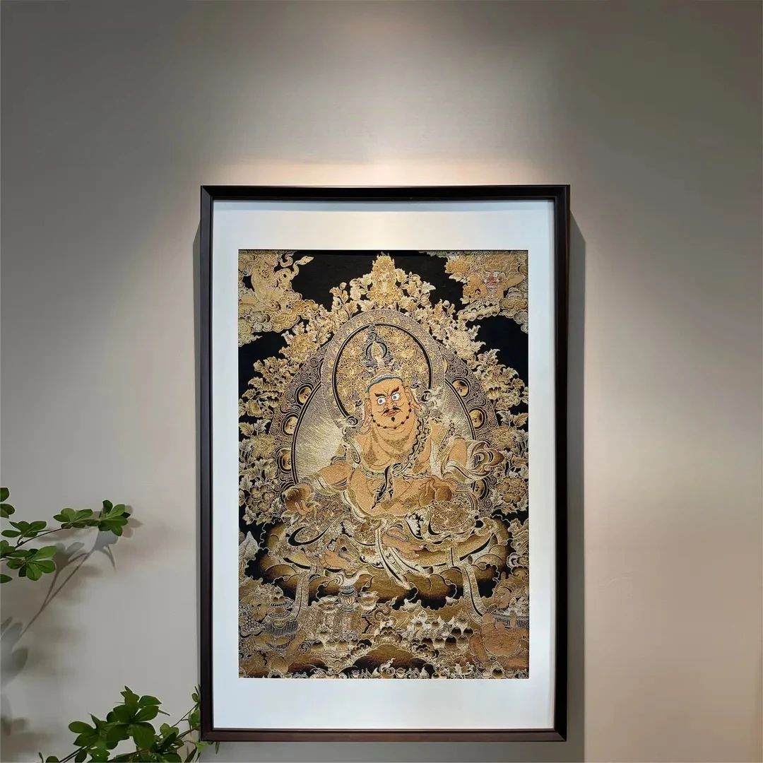 Embroidery Thangka hanging painting solid wood framed office entrance tea room living room new Chinese decorative painting