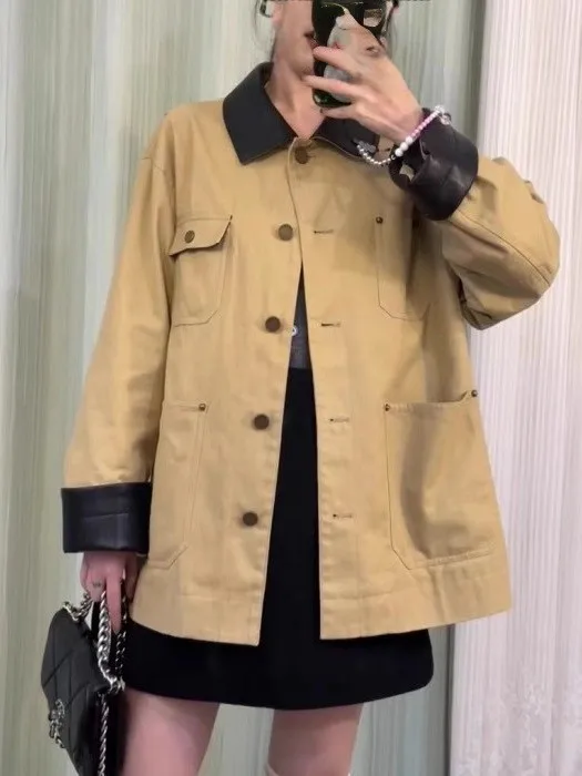 

Loose Fit Workwear Jaet Women's Khaki Patchwork Leather Collar Spring Autumn Outerwear Casual Sli Fem Coat