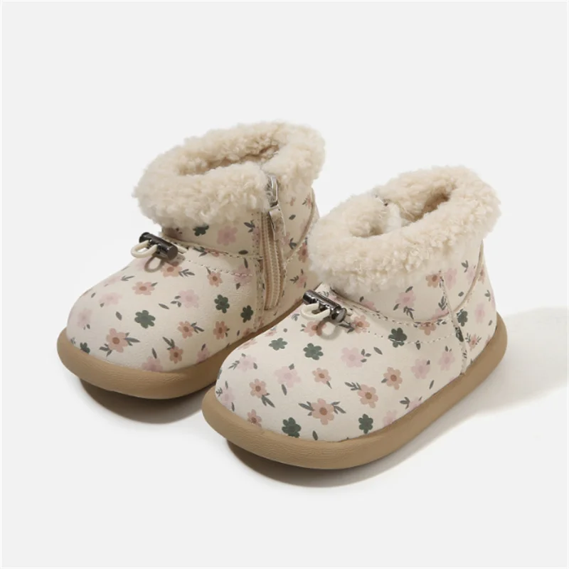 Winter Baby Shoes Leather Cute Flower Warm Plush Princess Kids Shoes Waterproof Fashion Toddler Girls Cotton Boots EU 16-25
