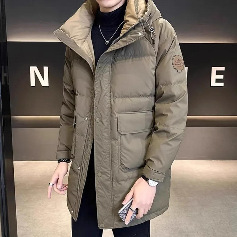 Men's Mid Length Hooded Down Jacket Winter Thick Warm Windproof Thermal Sportwear Cargo Parka Down Coats With Multiple Pockets