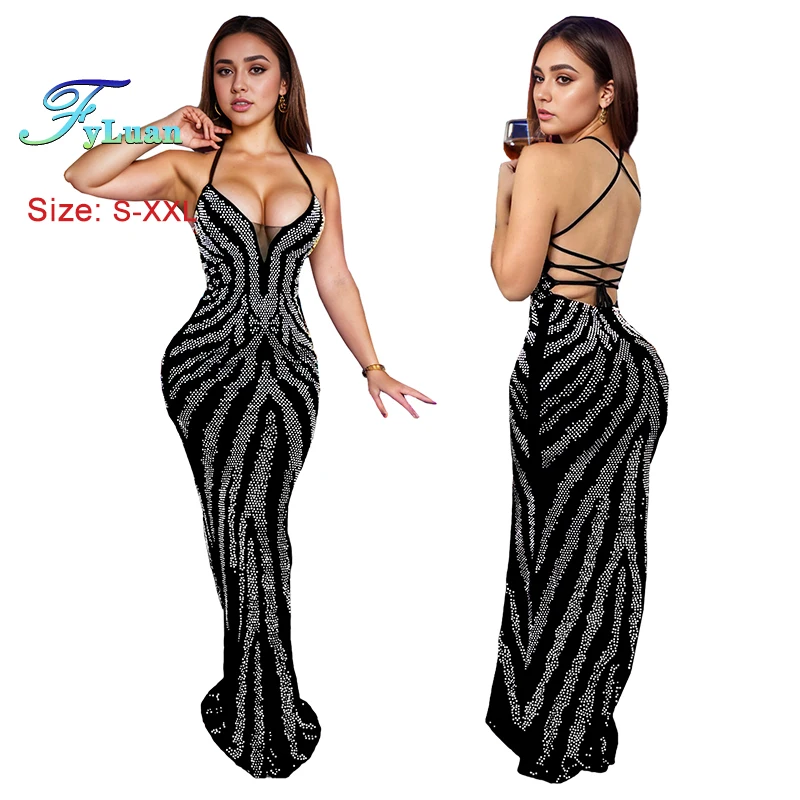 2025 Venta caliente NewWomen Spaghetti Strap vestido largo sin hombros conjunto sin espalda con diamantes ajustado vestido de noche de cumpleaños