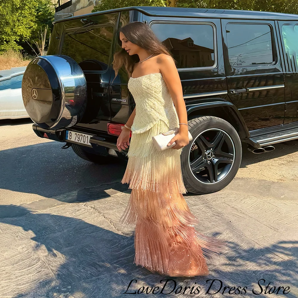 Customized High Quality Peach Gradient Strapless Mermaid Prom Dress Beaded Bodice Peplum Tiered Fringe Evening Gown Formal