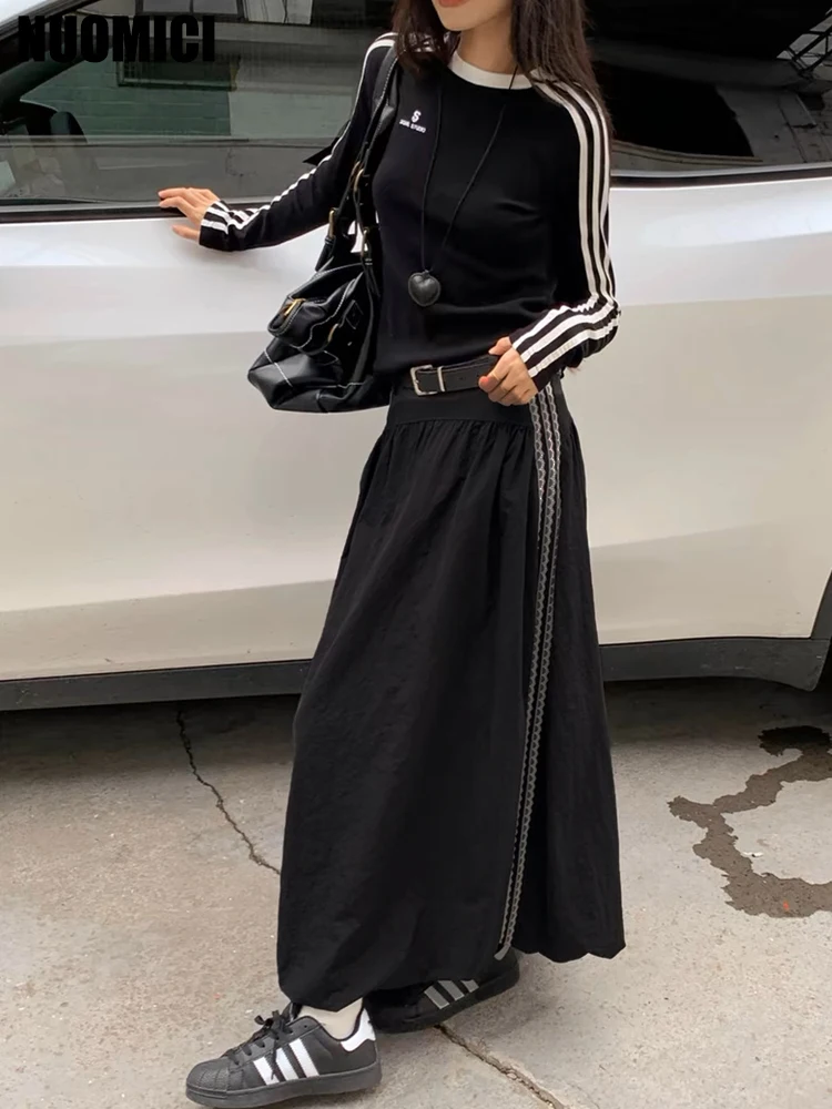 

NUOMICI K-Fashion Black Splicing Ballet Stripes Women's Dress Long Dress Summer Simple Popular Loose High Waist A-line Clothing
