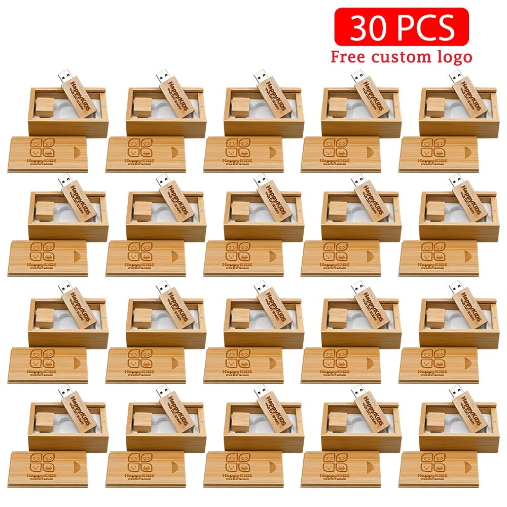 30pcs USB 2.0 Flash Drives 128GB Wooden Box Pen Drive 64GB Free Custom Logo Pendrive 32GB Wedding Gift Memory Stick 16GB 8GB