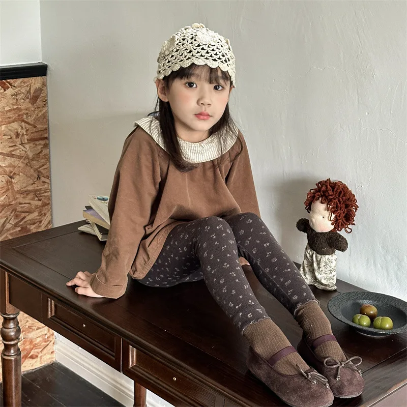 2024 Autumn New Girls Leggings Baby Cotton Elastic Pants Flower Print Children Casual Versatile Tight Trousers Kids Clothes