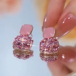 2023 New Unique Mosaic Zircon Pink Oil Drip Simple Earrings Women Personality Fashion Earrings Wedding Jewelry Birthday Gifts