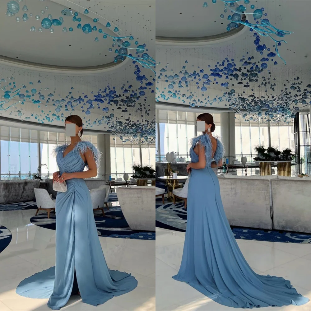 

Customized Charming Light Blue Jersey Evening Dress Graceful Strapless Cap Sleeve Sleeveless Backless Open Back Cocktail Dress