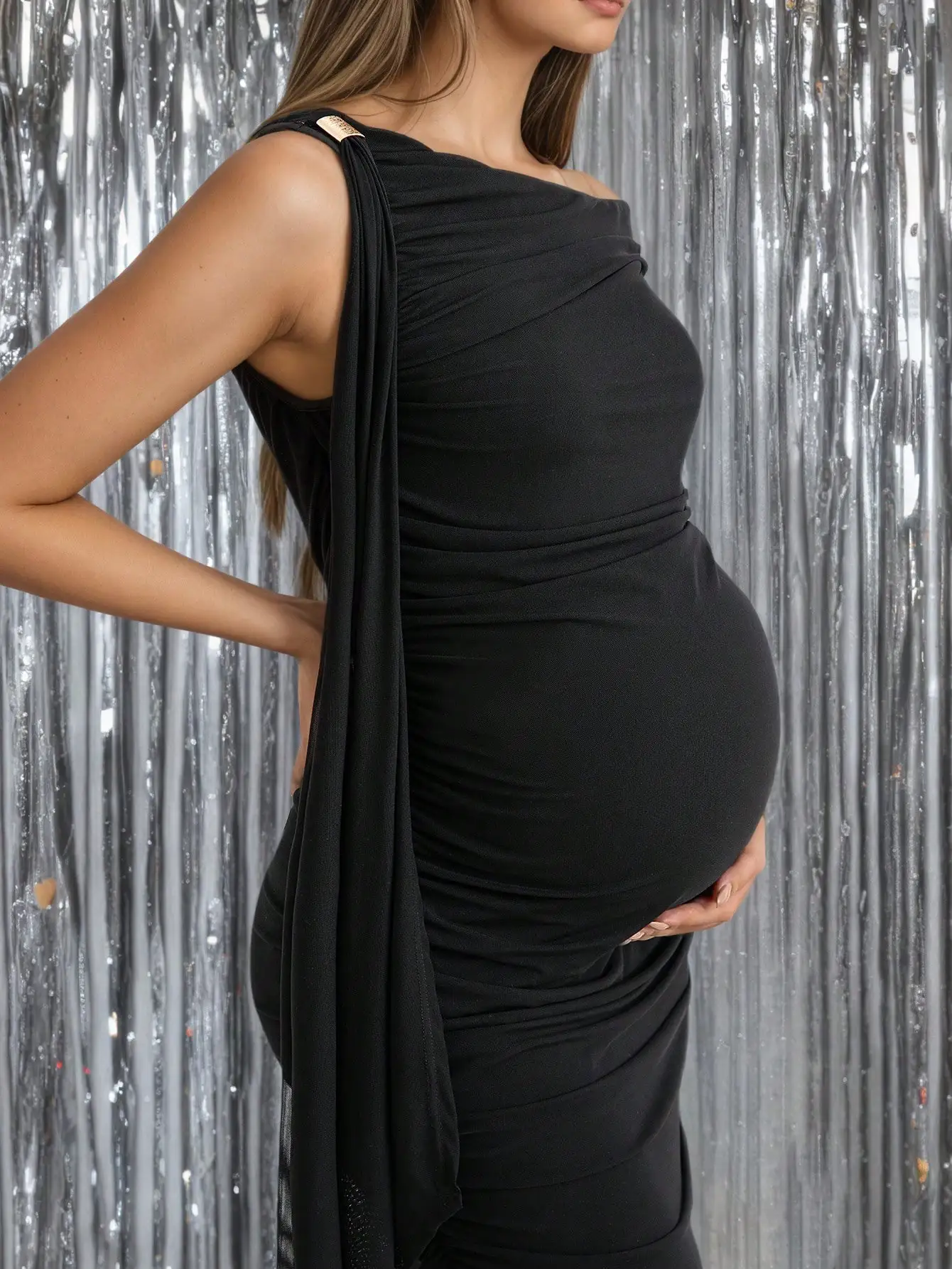 Pregnant Women's Black Maternity Formal One Shoulder Ruched Bodycon Midi Dress for Evening Party and Wedding Guest view 5