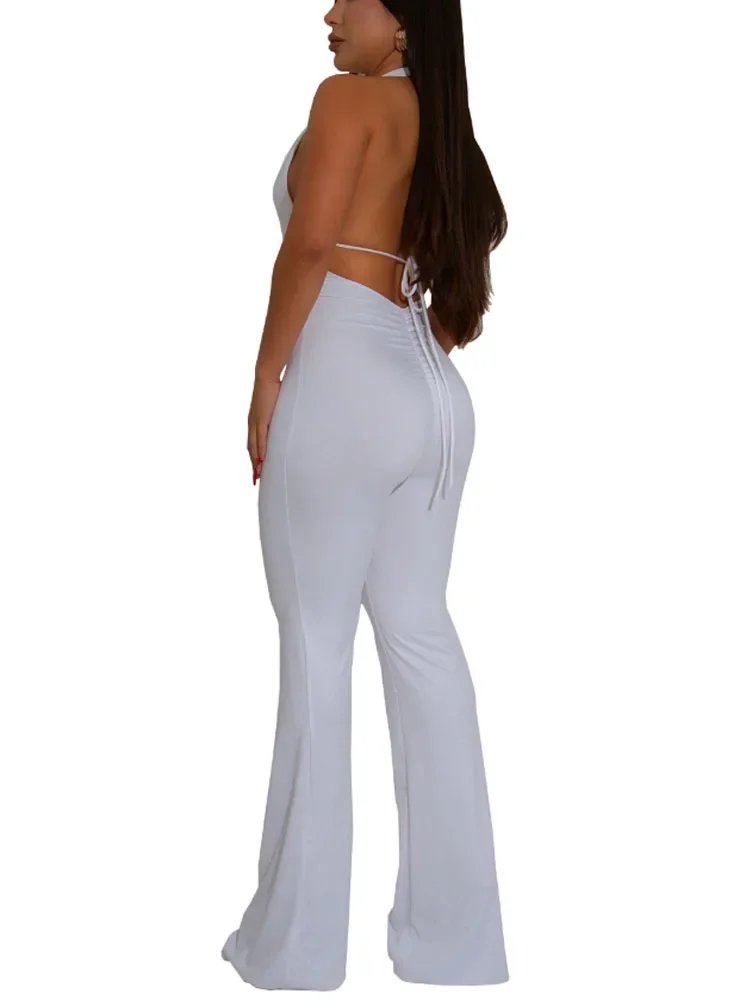 

Женские сексуальные однотонные комбинезоны с глубоким V-образным вырезом и открытой спиной на шнуровке, расклешенные брюки, комбинезоны