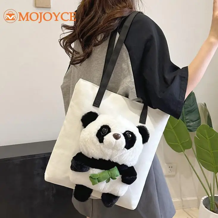 2023 Ladies New Panda Holding Bamboo Tote Handbag Creative Travel Cute Shoulder Bag for Women Cartoon Large Canvas Underarm Bags