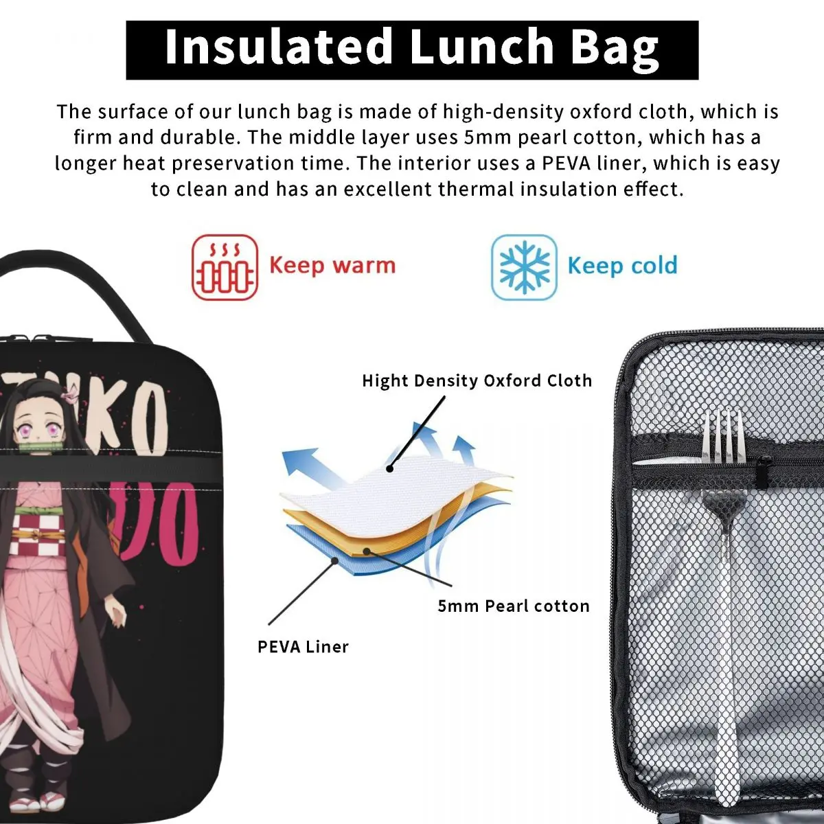 Custom Nezuko Kamado Demon Slayer Insulated Lunch Bag Kimetsu no Yaiba Portable Cooler Thermal Food Lunch Box Work School Travel