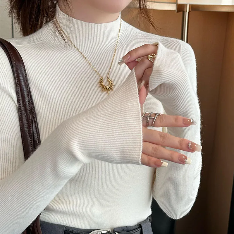 

Новый тонкий вязаный свитер с воротником-стойкой, женские пуловеры с длинным рукавом, белый, черный вязаный свитер, пуловер, женские топы, женская одежда Q2083